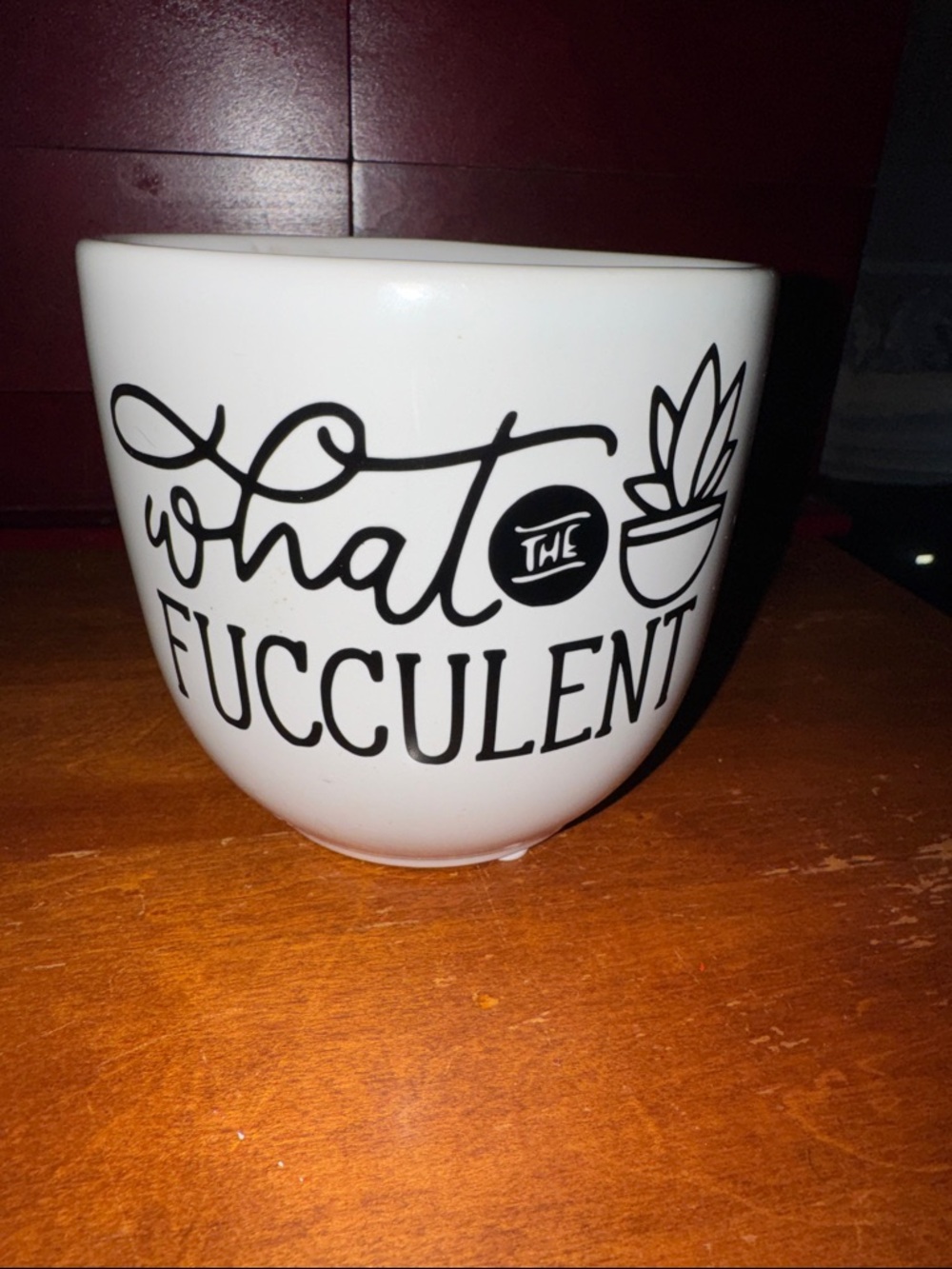 White Ceramic Planter with Black Script "What The Fucculent"
